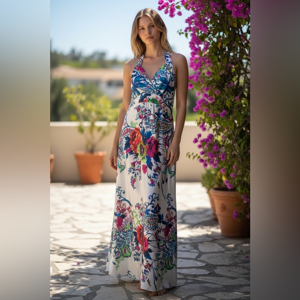 Vibrant Floral Halter Maxi Dress - Size Medium